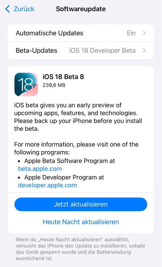 承德苹果手机维修分享苹果 iOS / iPadOS 18 开发者预览版 Beta 8 发布 